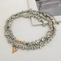 Chic Layered Two Tone Heart Charm Irregular Beaded Choker Necklace Set - ArtGalleryZen