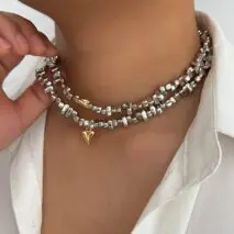 Chic Layered Two Tone Heart Charm Irregular Beaded Choker Necklace Set - ArtGalleryZen