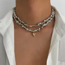 Chic Layered Two Tone Heart Charm Irregular Beaded Choker Necklace Set - ArtGalleryZen