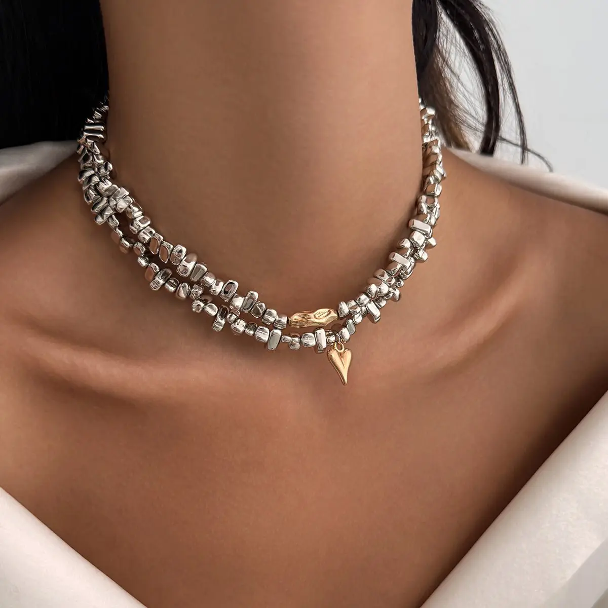 Chic Layered Two Tone Heart Charm Irregular Beaded Choker Necklace Set - ArtGalleryZen