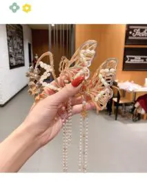 Chic Pearl Chain Tassel Butterfly Chignon Claw Clip Hair Clip - ArtGalleryZen