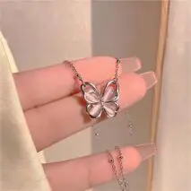Chic Pink Cats Eye Stone Butterfly Necklace - ArtGalleryZen