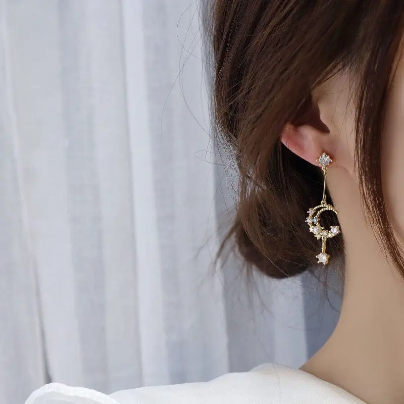 Chic Rhinestone Inlaid Moon Phase Dangle Earrings - ArtGalleryZen