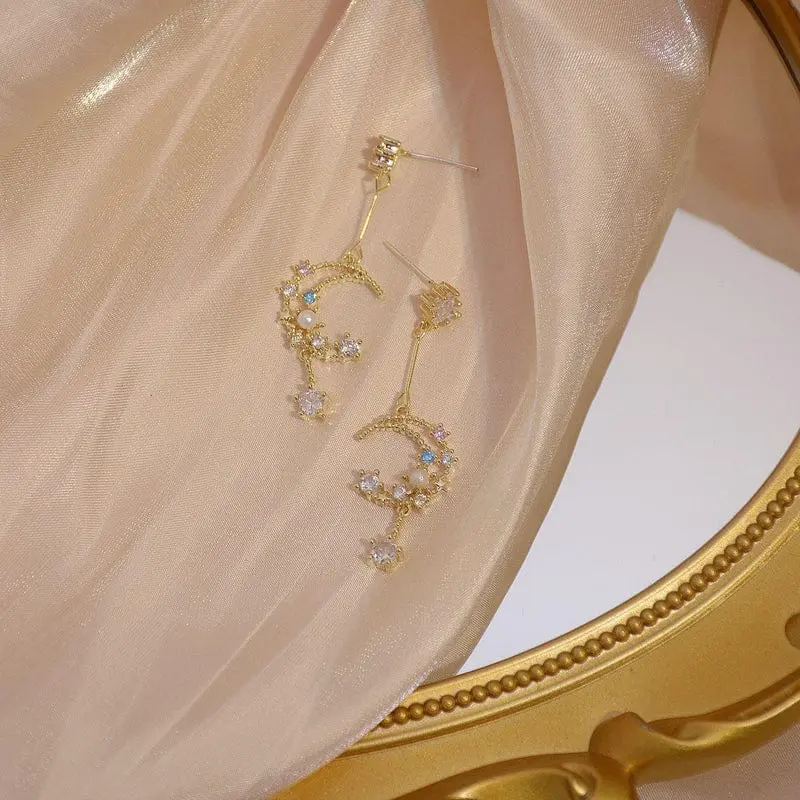 Chic Rhinestone Inlaid Moon Phase Dangle Earrings - ArtGalleryZen
