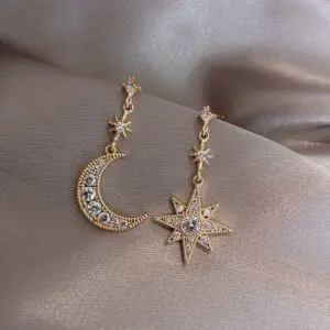 Chic Rhinestone Inlaid Moon Star Dangle Earrings - ArtGalleryZen