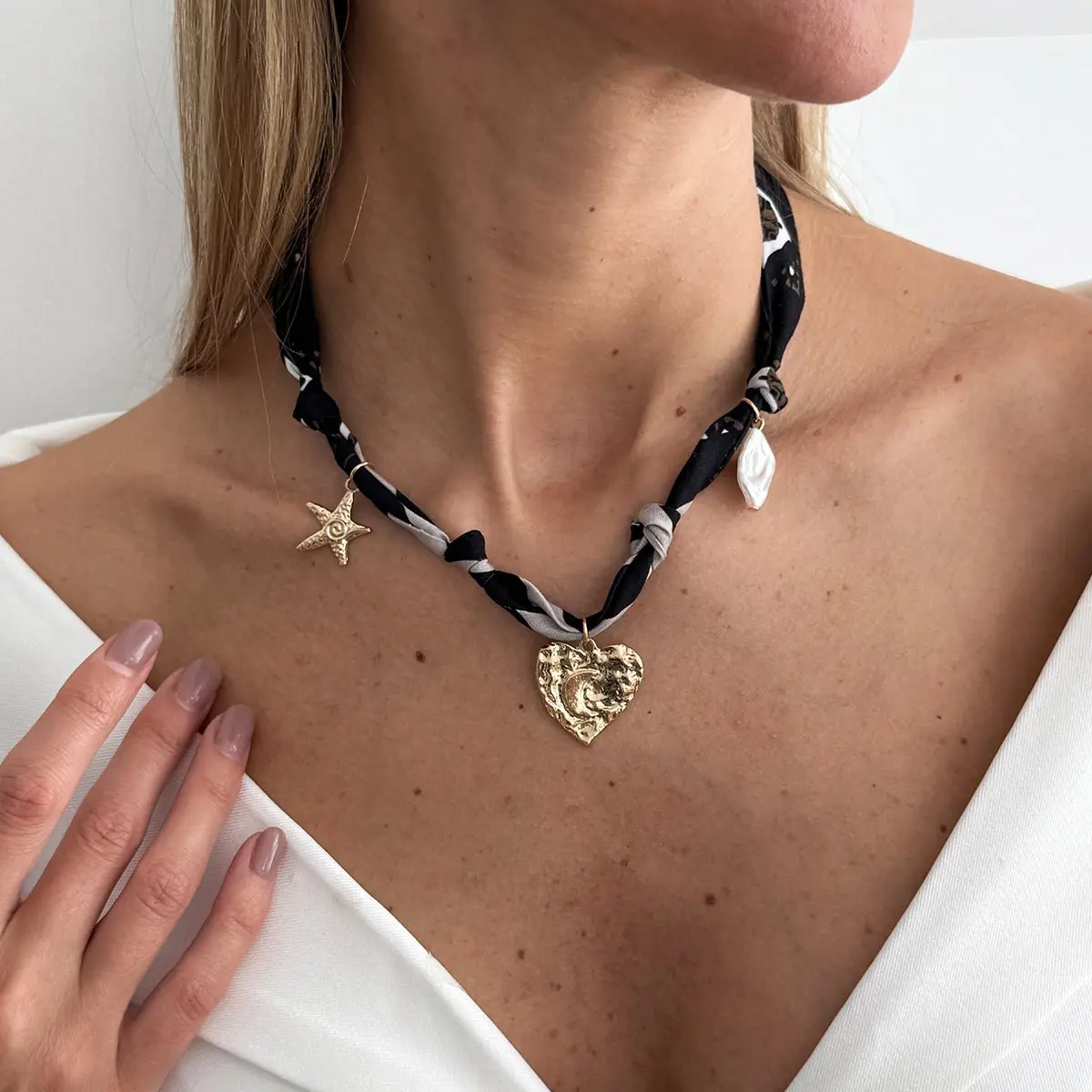 Chiffon Ribbon Choker Necklace Heart Starfish Pearl Charm Pendant - ArtGalleryZen