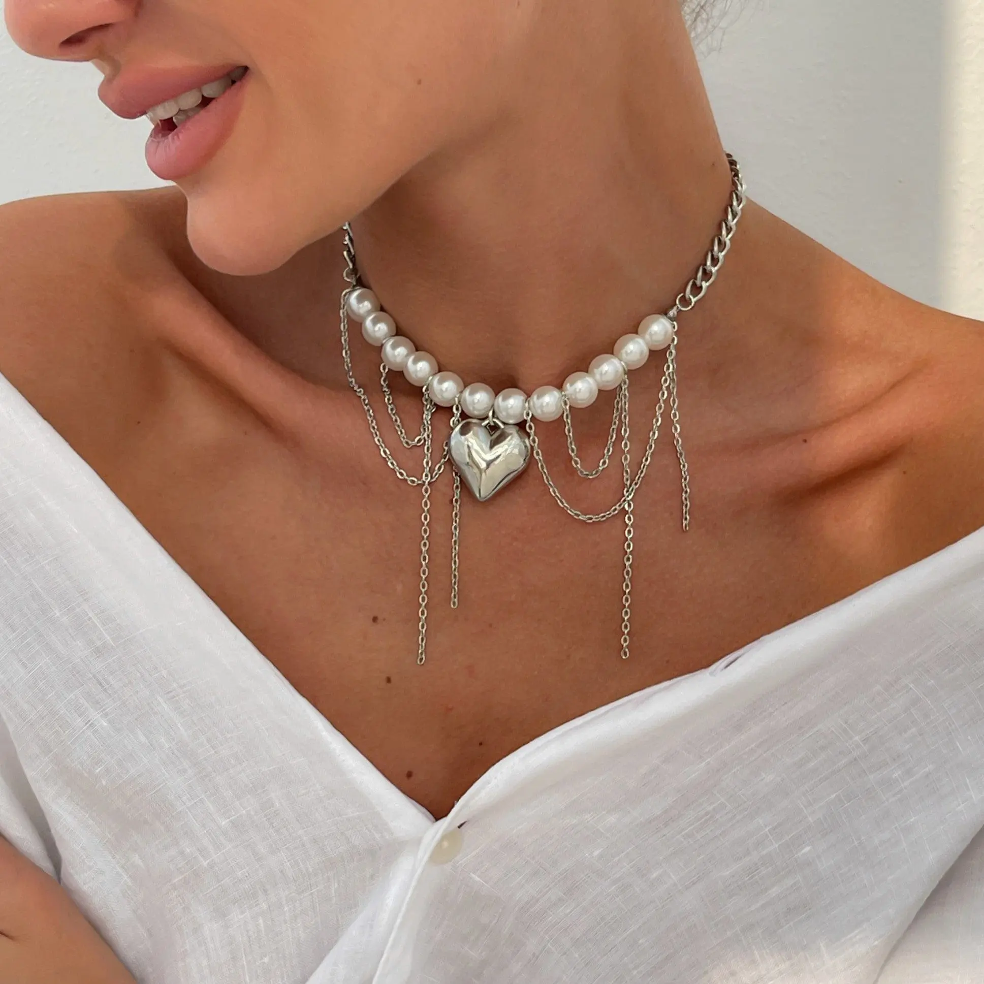 Chunky Layered Heart Pendant Pearl Curb Chain Necklace - ArtGalleryZen