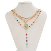 Colorful Crystal Long Chain Turquoise Sun Pendant Necklace Set - ArtGalleryZen