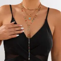 Colorful Crystal Long Chain Turquoise Sun Pendant Necklace Set - ArtGalleryZen