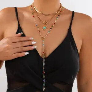 Colorful Crystal Long Chain Turquoise Sun Pendant Necklace Set - ArtGalleryZen
