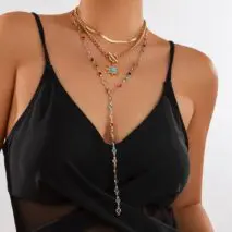 Colorful Crystal Long Chain Turquoise Sun Pendant Necklace Set - ArtGalleryZen