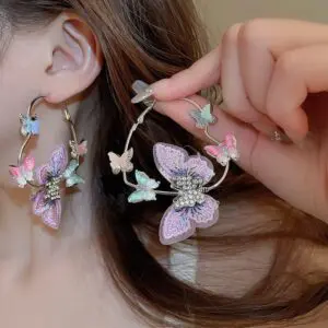 Colorful Rhinestone Inlaid Embroidery Butterfly Heart Hoop Earrings - ArtGalleryZen