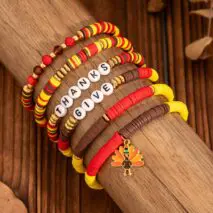 Colorful Thanksgiving Theme Turkey Charm Polymer Clay Letter Beaded Bracelet Set - ArtGalleryZen
