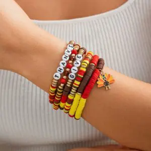 Colorful Thanksgiving Theme Turkey Charm Polymer Clay Letter Beaded Bracelet Set - ArtGalleryZen