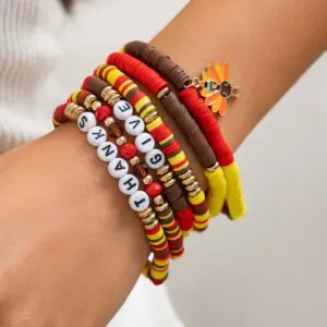 Colorful Thanksgiving Theme Turkey Charm Polymer Clay Letter Beaded Bracelet Set - ArtGalleryZen