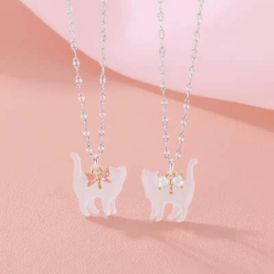 Crystal Bowknot Cat Pendant Necklace - ArtGalleryZen
