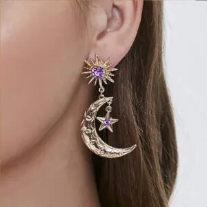 Crystal Inlaid Sun Star Moon Phase Dangle Earrings - ArtGalleryZen