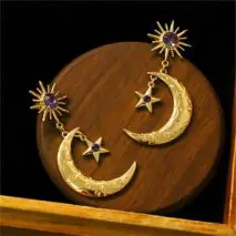 Crystal Inlaid Sun Star Moon Phase Dangle Earrings - ArtGalleryZen