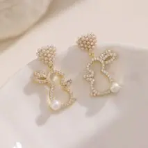 Cute CZ Inlaid Dangling Pearl Heart Rabbit Earrings - ArtGalleryZen
