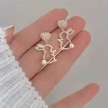 Cute CZ Inlaid Dangling Pearl Heart Rabbit Earrings - ArtGalleryZen