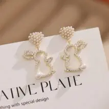 Cute CZ Inlaid Dangling Pearl Heart Rabbit Earrings - ArtGalleryZen