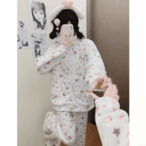 Cute Kitten Star Rilakkuma Winter Fluffy Pajama Set - ArtGalleryZen