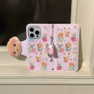 Cute Sylvanian Families Leather Flip iPhone Case With Charm - ArtGalleryZen