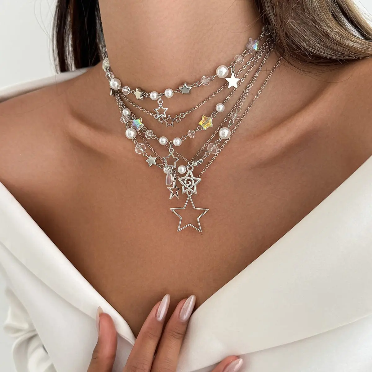 Dainty 6pcs Hollow Star Pendant Pearl Crystal Chain Necklace Set - ArtGalleryZen