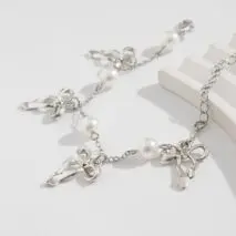 Dainty Bowknot Tassel Pearl Chain Bracelet - ArtGalleryZen