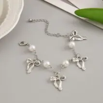 Dainty Bowknot Tassel Pearl Chain Bracelet - ArtGalleryZen