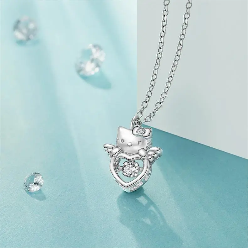 Dainty Crystal Beating Heart Angel Kitty Necklace - ArtGalleryZen