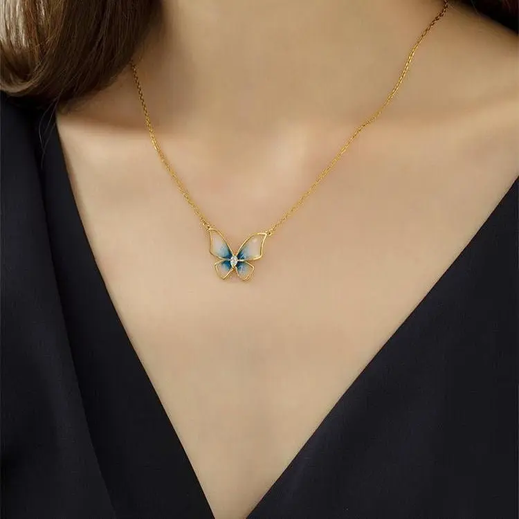 Dainty CZ Inlaid Enamel Butterfly Necklace Bracelet Set - ArtGalleryZen