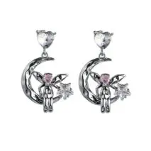 Dainty CZ Inlaid Heart Dangling Moon Star Elf Earrings - ArtGalleryZen