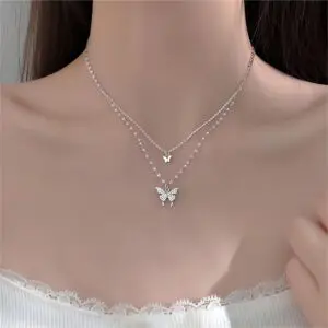Dainty CZ Inlaid Layering Butterfly Necklace - ArtGalleryZen