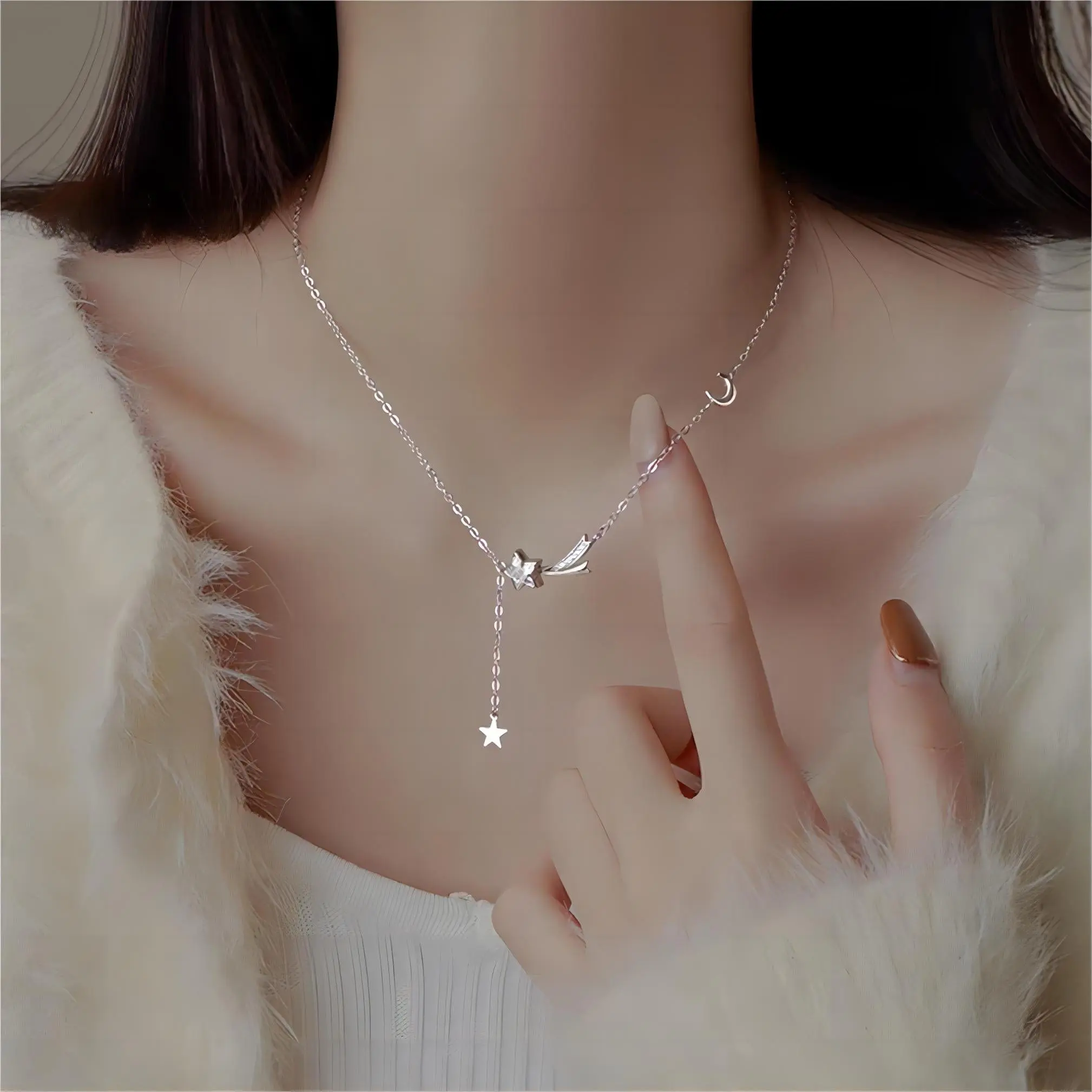Dainty CZ Inlaid Meteor Star Moon Phase Necklace - ArtGalleryZen
