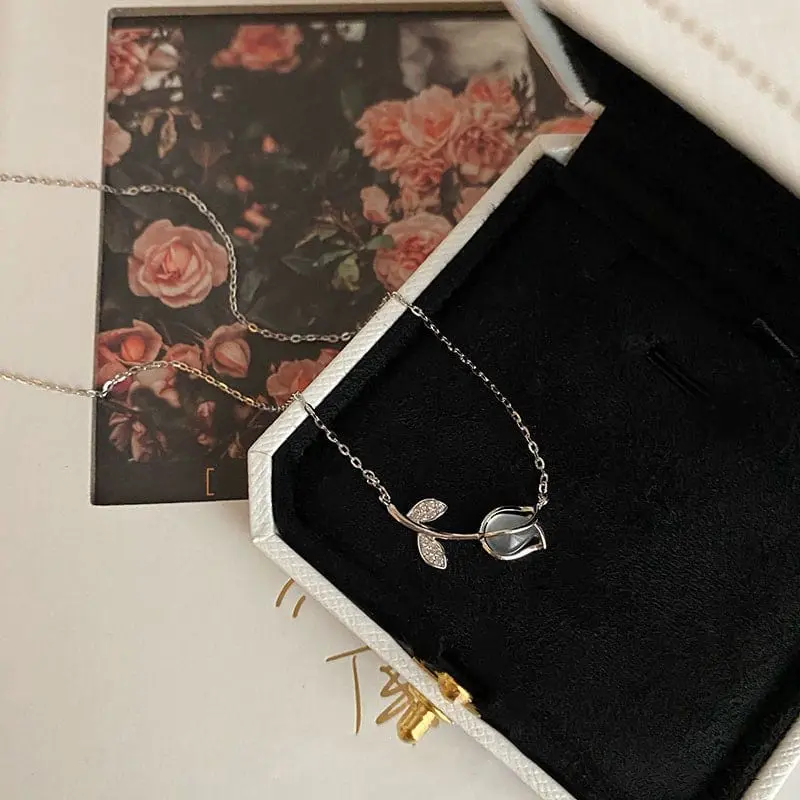 Dainty CZ Inlaid Natural Opal Tulip Chain Necklace - ArtGalleryZen