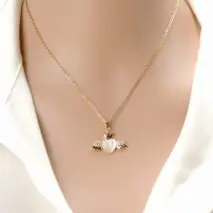 Dainty CZ Inlaid Opal Crown Heart Wings Necklace - ArtGalleryZen