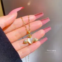 Dainty CZ Inlaid Opal Crown Heart Wings Necklace - ArtGalleryZen