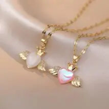 Dainty CZ Inlaid Opal Crown Heart Wings Necklace - ArtGalleryZen