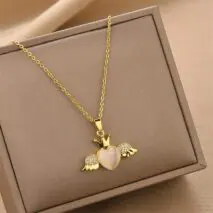 Dainty CZ Inlaid Opal Crown Heart Wings Necklace - ArtGalleryZen