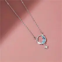 Dainty CZ Inlaid Turquoise Moon Phase Star Necklace - ArtGalleryZen