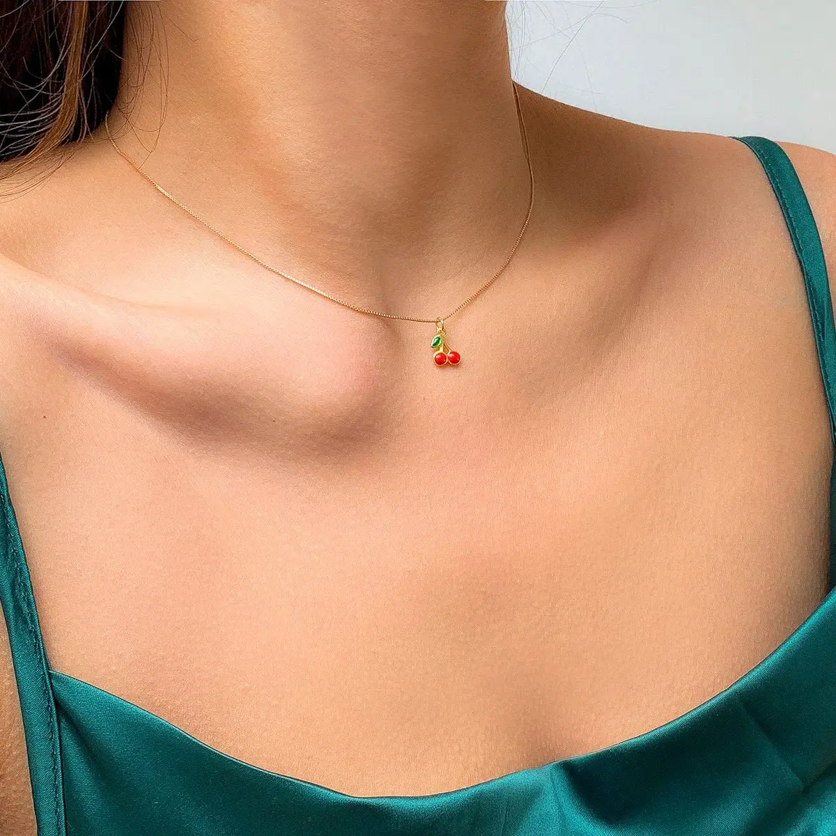 Dainty Enamel Cherry Pendant Box Chain Choker Necklace - ArtGalleryZen