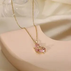 Dainty Gold Silver Tone Bowknot Heart CZ Pendant Necklace - ArtGalleryZen