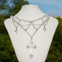 Dainty Layered Star Cross Pendant Pearl Crystal Chain Necklace - ArtGalleryZen