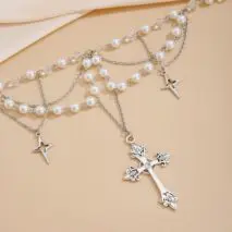 Dainty Layered Star Cross Pendant Pearl Crystal Chain Necklace - ArtGalleryZen