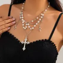 Dainty Layered Star Cross Pendant Pearl Crystal Chain Necklace - ArtGalleryZen