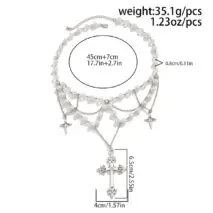 Dainty Layered Star Cross Pendant Pearl Crystal Chain Necklace - ArtGalleryZen