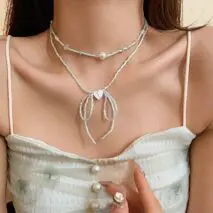 Dainty Pearl Charm Seed Beaded Heart Ribbon Choker Necklace - ArtGalleryZen