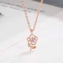 Dainty Pink Crystal Rose Pendant Necklace - ArtGalleryZen