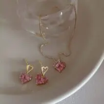 Dainty Pink Rhinestone Heart Pendant Chain Necklace Dangle Earrings Set - ArtGalleryZen